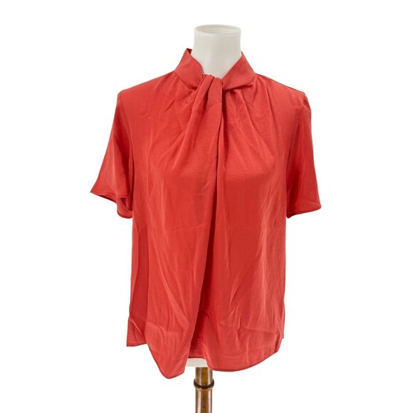 Ann Taylor Factory Womens Coral Short Sleeve Blouse With Tie Neck Size M 100% Po - Picture 1 of 9